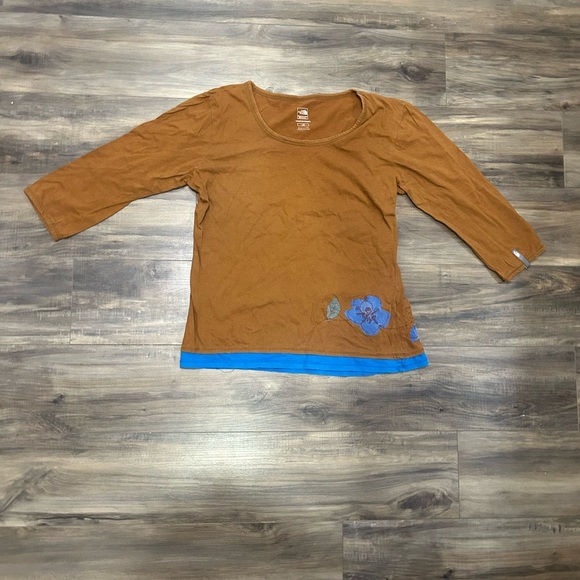 The North Face Patchwork Long Sleeve Tees in Brown and Blue - Picture 1 of 5